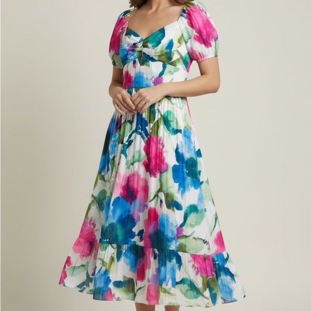 Watercolor Floral Sweetheart Midi Dress in White, Pink & Blue